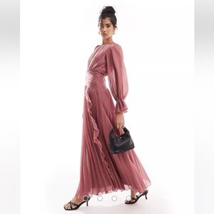 ASOS DESIGN high neck ruched belt detail maxi dress in dusky pink US 10/ UK 14